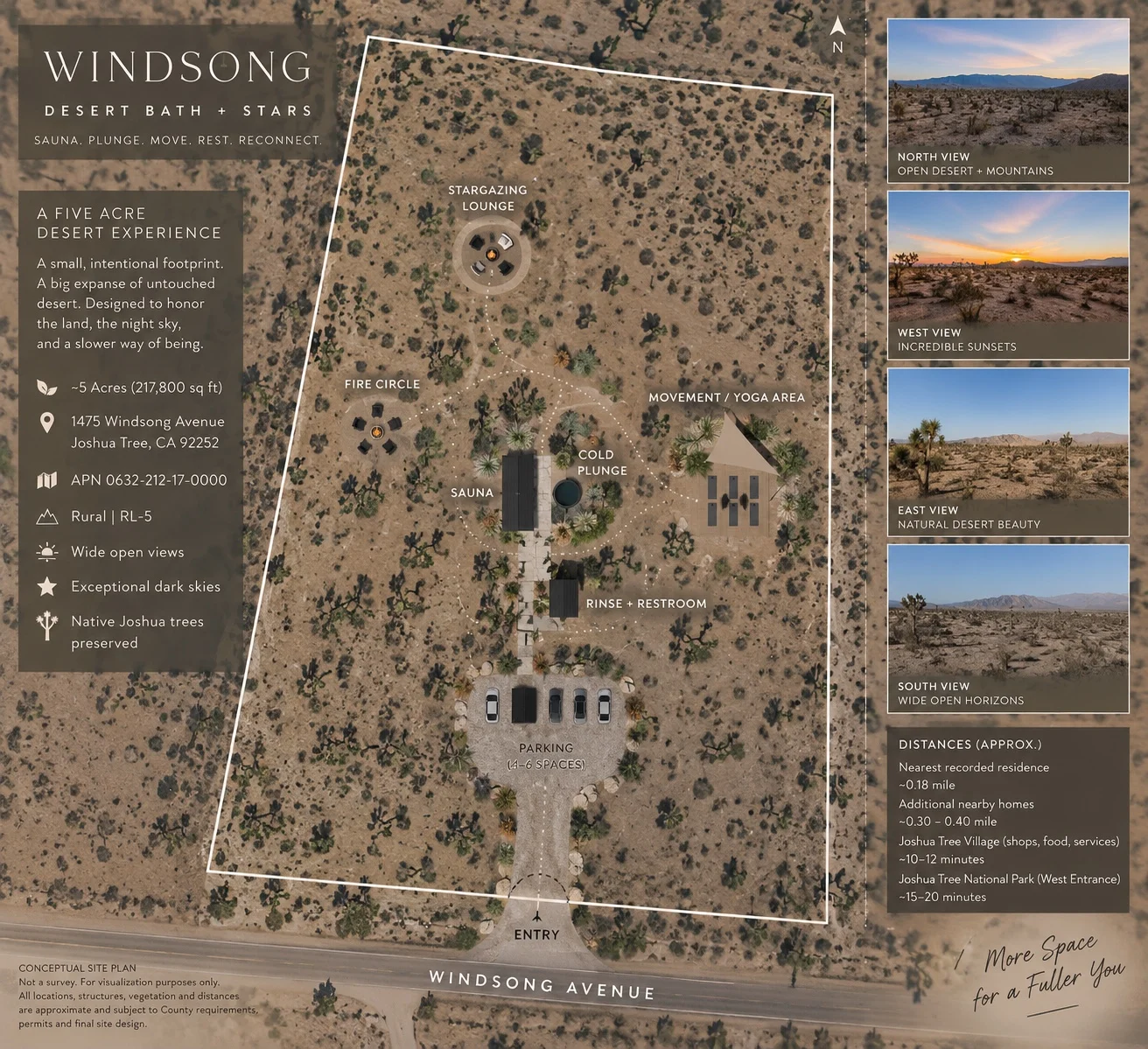 Windsong conceptual five-acre site plan with sauna, cold plunge, yoga space, fire circle, stargazing lounge, rinse and restroom, and parking.